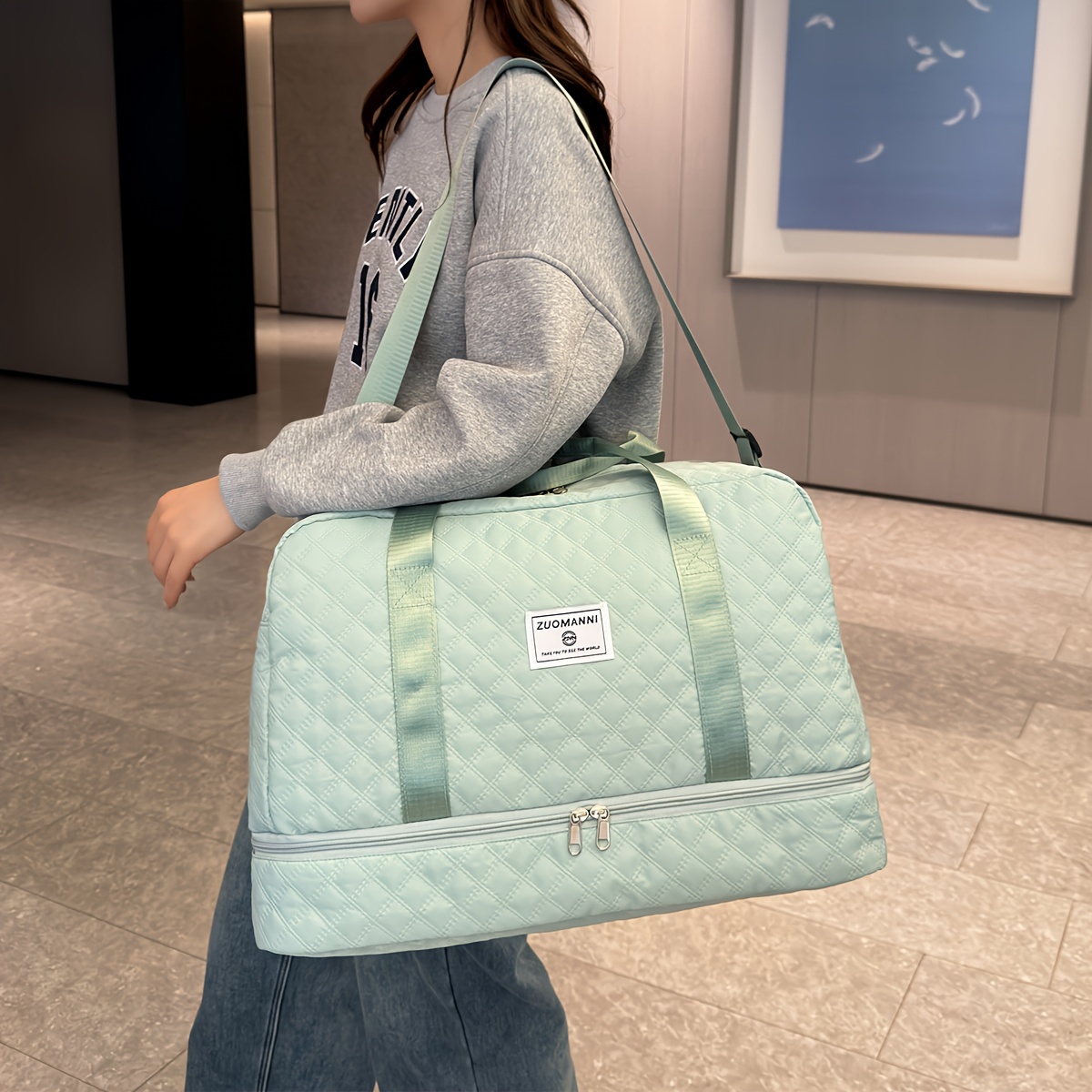 lightweight argyle pattern luggage bag large capacity travel duffle bag portable overnight bag details 17