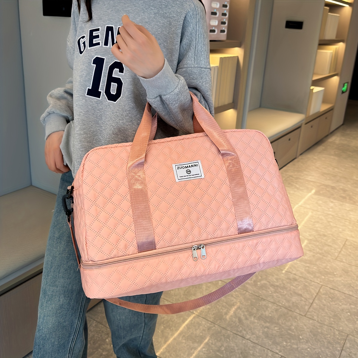 lightweight argyle pattern luggage bag large capacity travel duffle bag portable overnight bag details 19