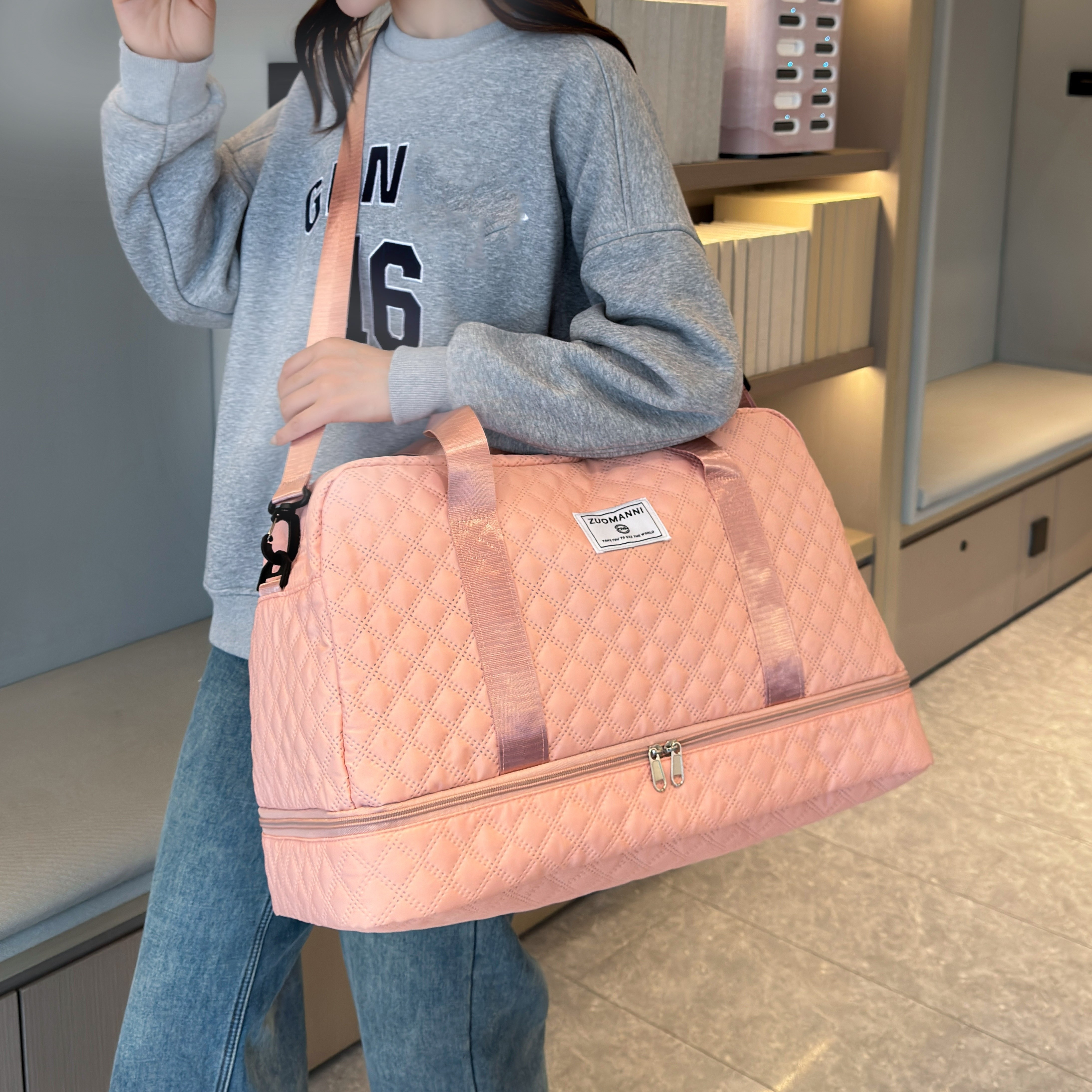 lightweight argyle pattern luggage bag large capacity travel duffle bag portable overnight bag details 20
